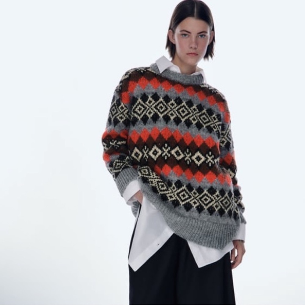 Zara OVERSIZED JACQUARD KNIT SWEATER NWOT